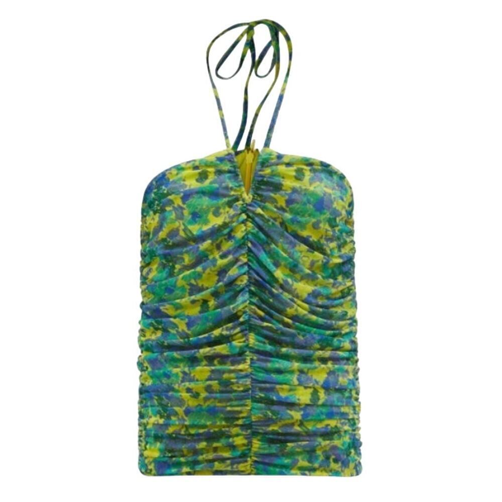Ganni Halterneck Ruched Floral-Print Jersey Top in Green Multi, Size EU38/M​​​​